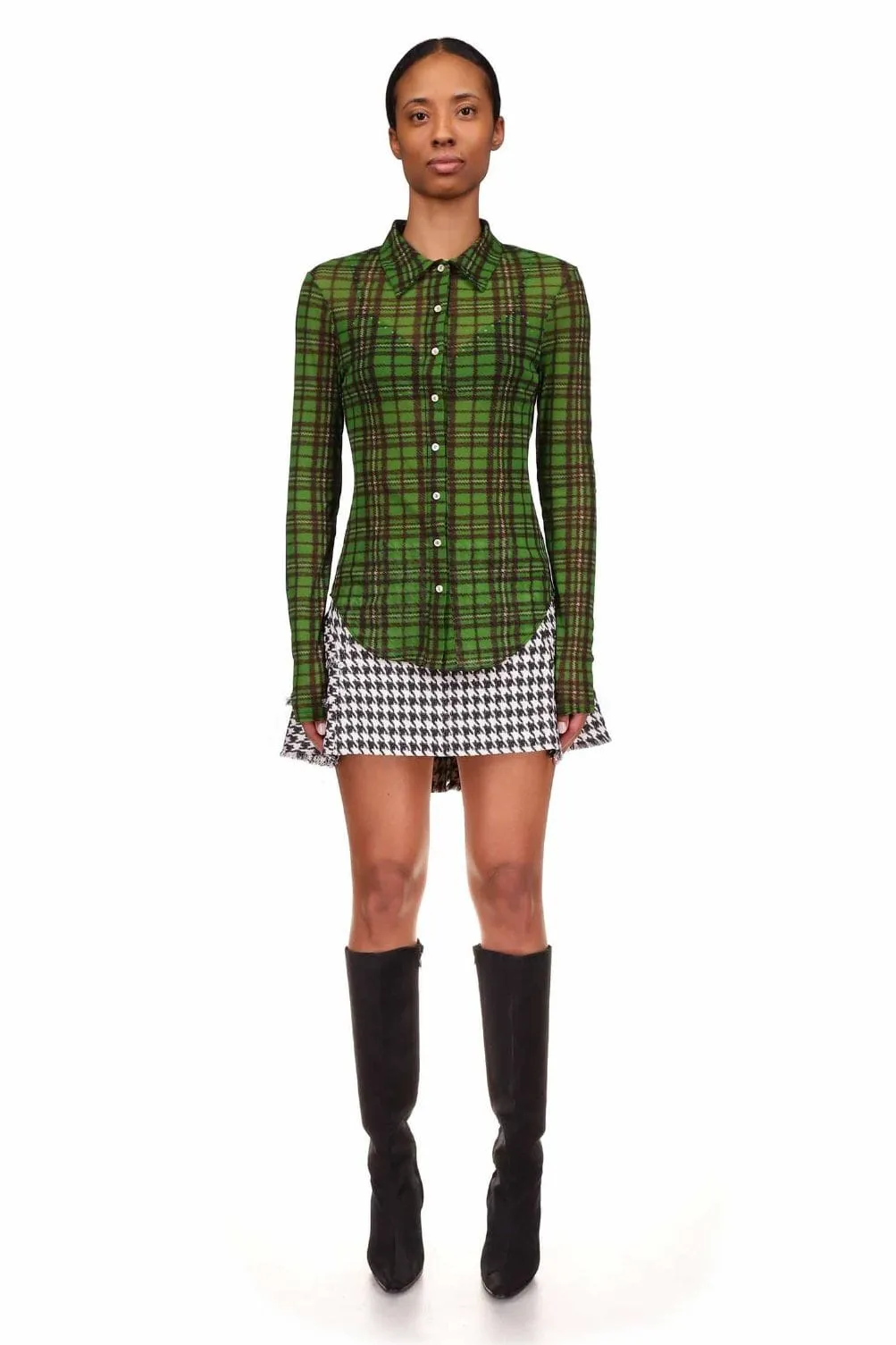 Green Tartan Mesh Button Down