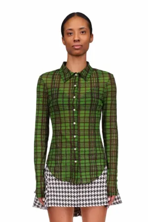 Green Tartan Mesh Button Down