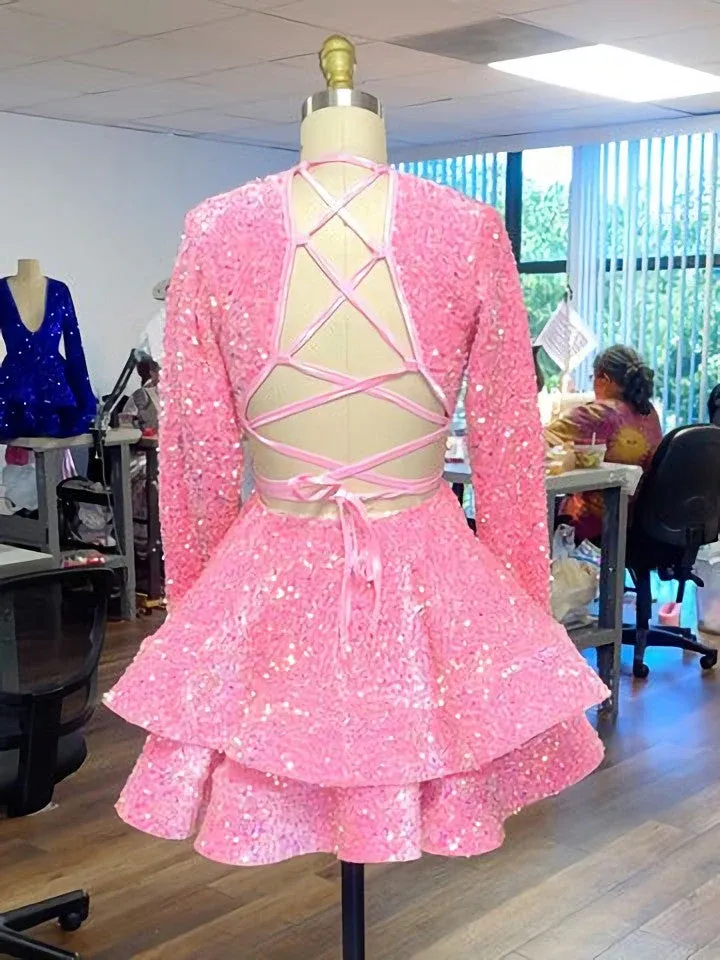 JazzHer Cocktail Dresses A-Line V-Neck Long Sleeve Shiny Sequin Homecoming Dresses (PRE-ORDER)