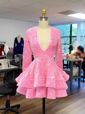 JazzHer Cocktail Dresses A-Line V-Neck Long Sleeve Shiny Sequin Homecoming Dresses (PRE-ORDER)