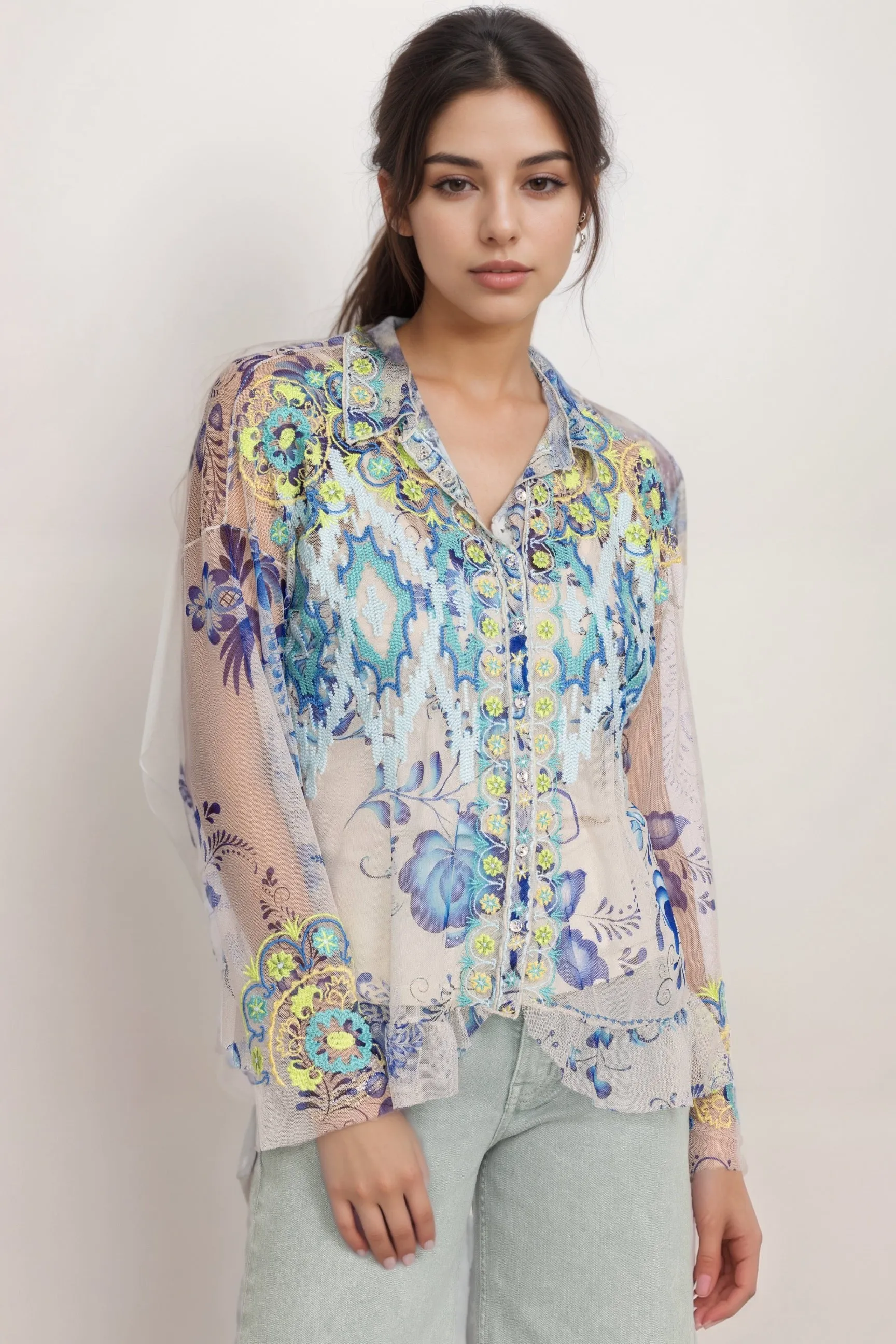 Johnny Was Biya Mazzy Button Down Ruffle Mesh Blouse B14524