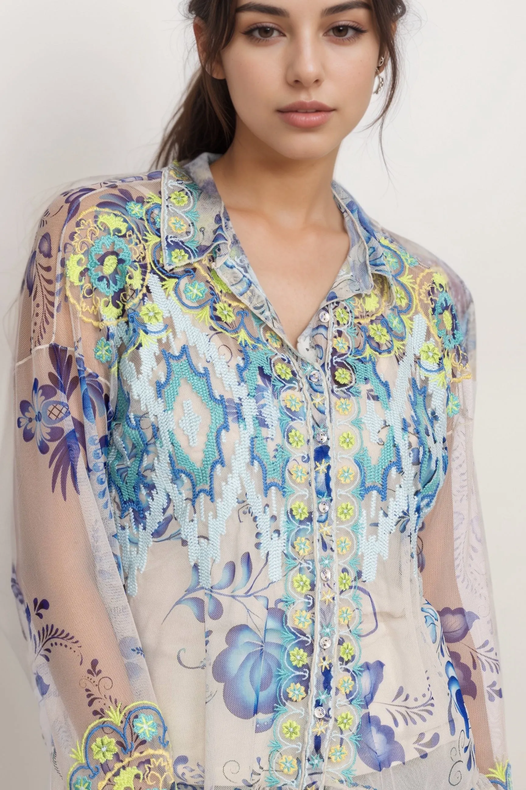 Johnny Was Biya Mazzy Button Down Ruffle Mesh Blouse B14524
