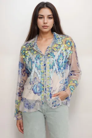 Johnny Was Biya Mazzy Button Down Ruffle Mesh Blouse B14524