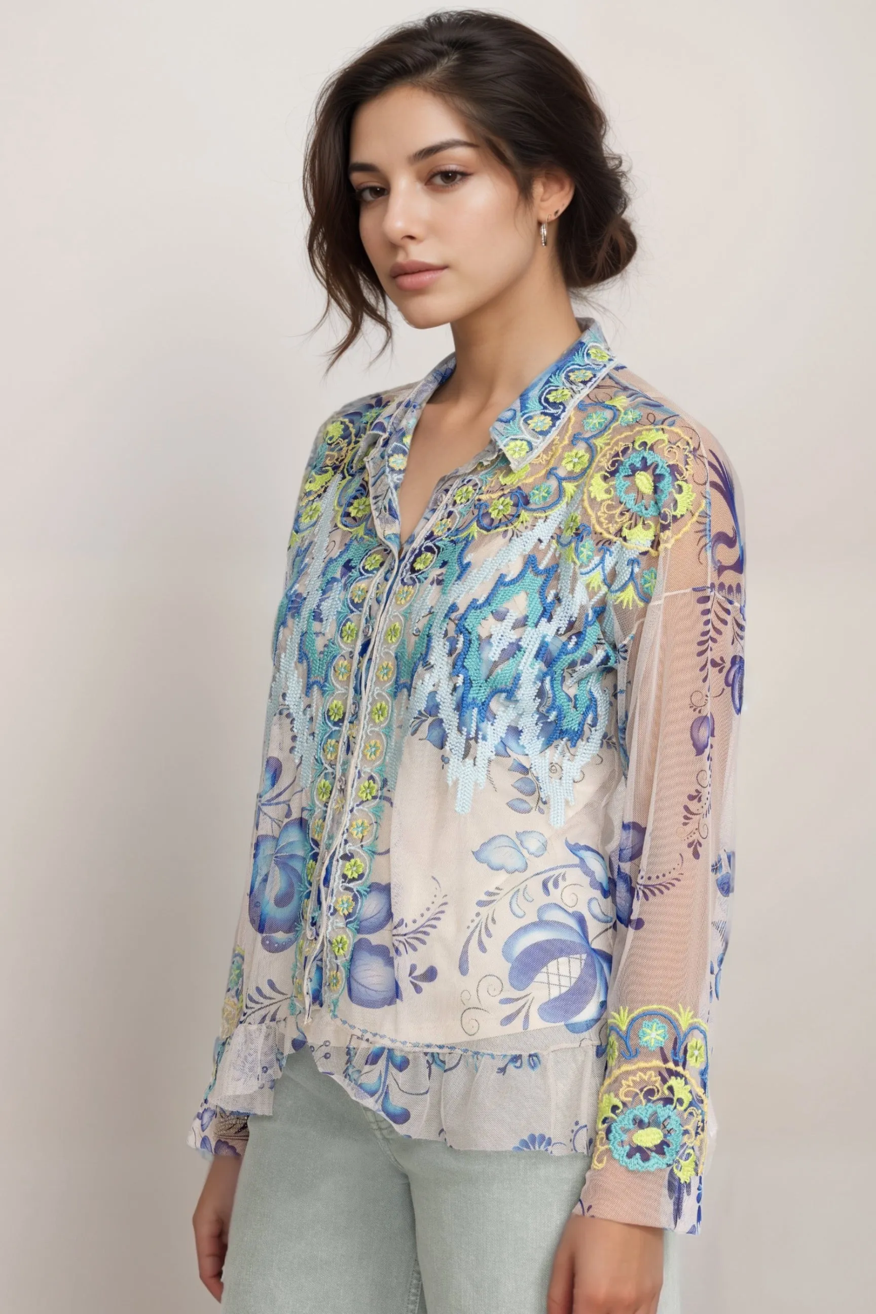 Johnny Was Biya Mazzy Button Down Ruffle Mesh Blouse B14524