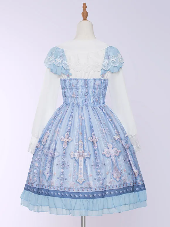 JSK Cross Print Light Blue Sweet Lolita Dress Polyester Sleeveless Elegant Lolita Dress JSK
