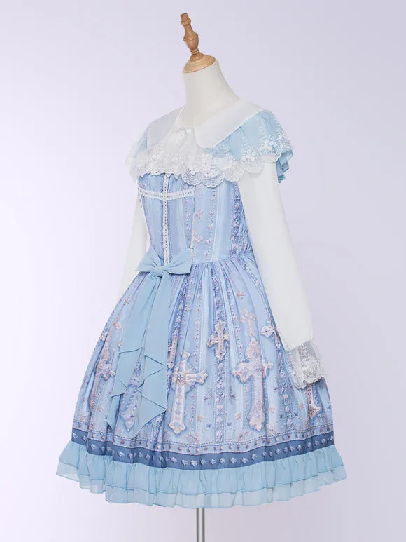 JSK Cross Print Light Blue Sweet Lolita Dress Polyester Sleeveless Elegant Lolita Dress JSK