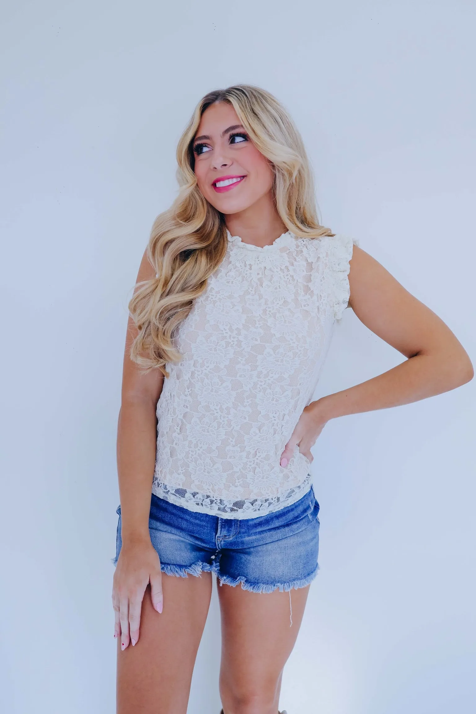 Lacey Ruffle Trim Top - Cream