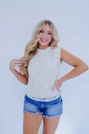 Lacey Ruffle Trim Top - Cream