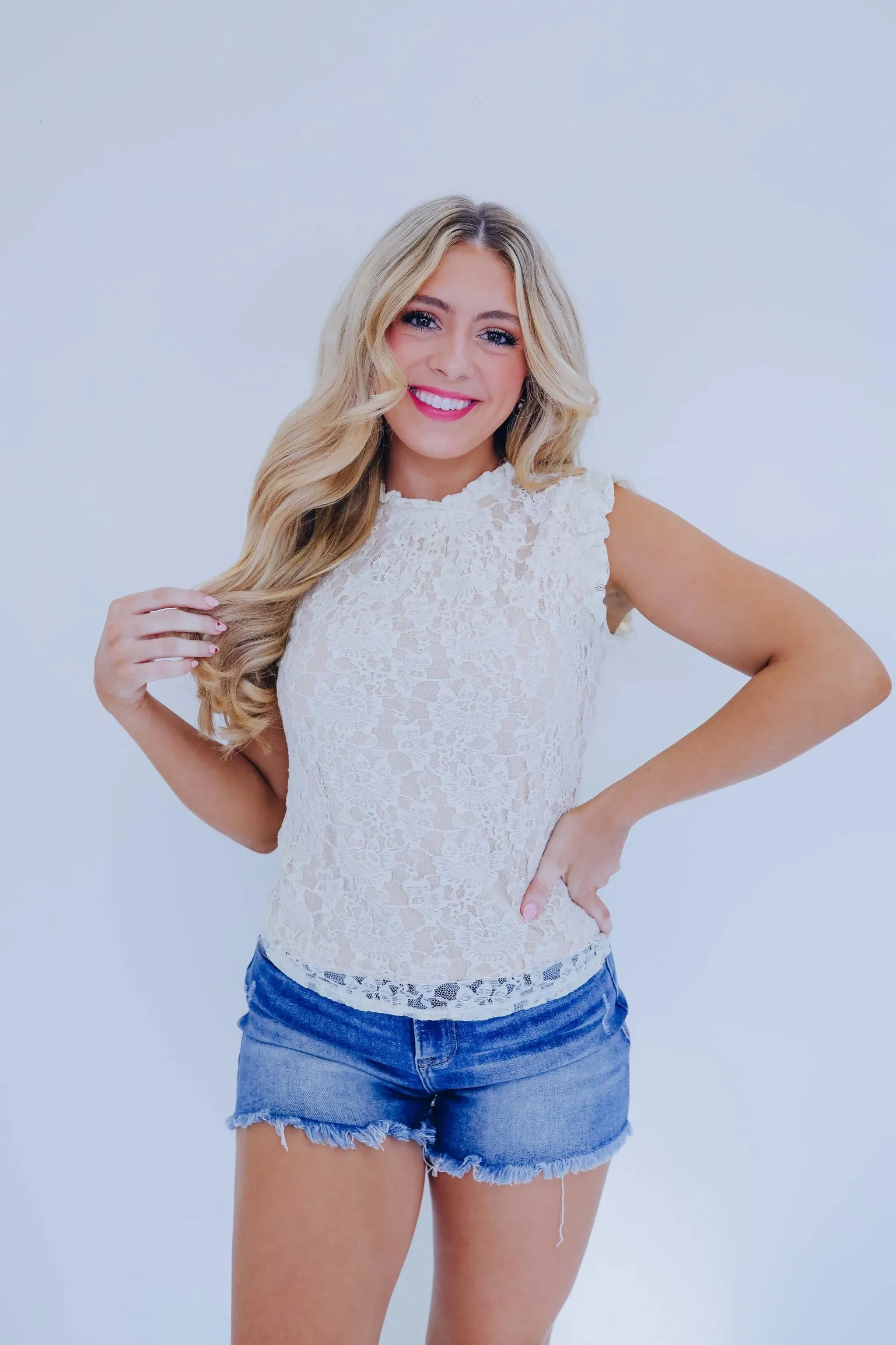 Lacey Ruffle Trim Top - Cream