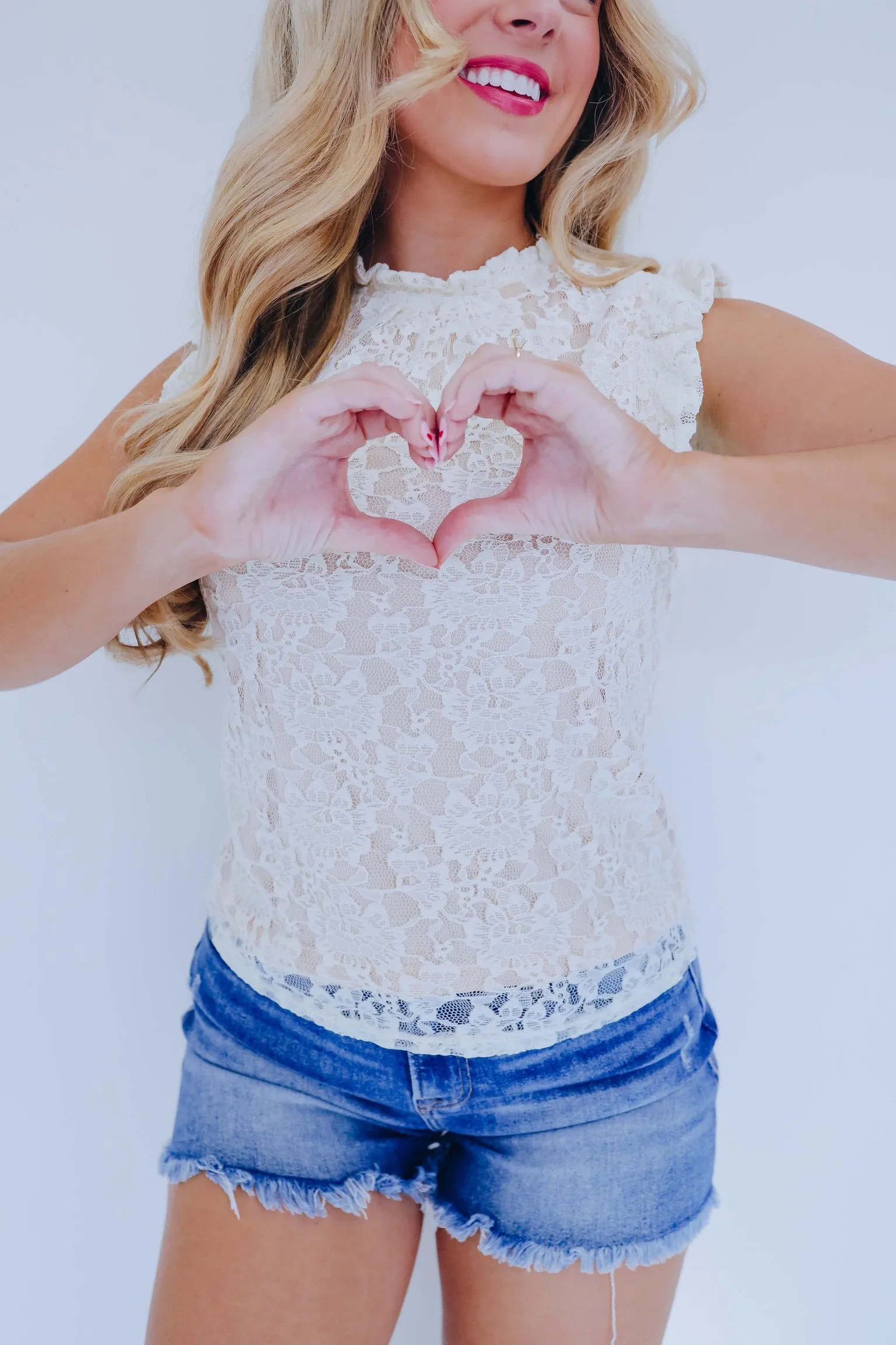 Lacey Ruffle Trim Top - Cream