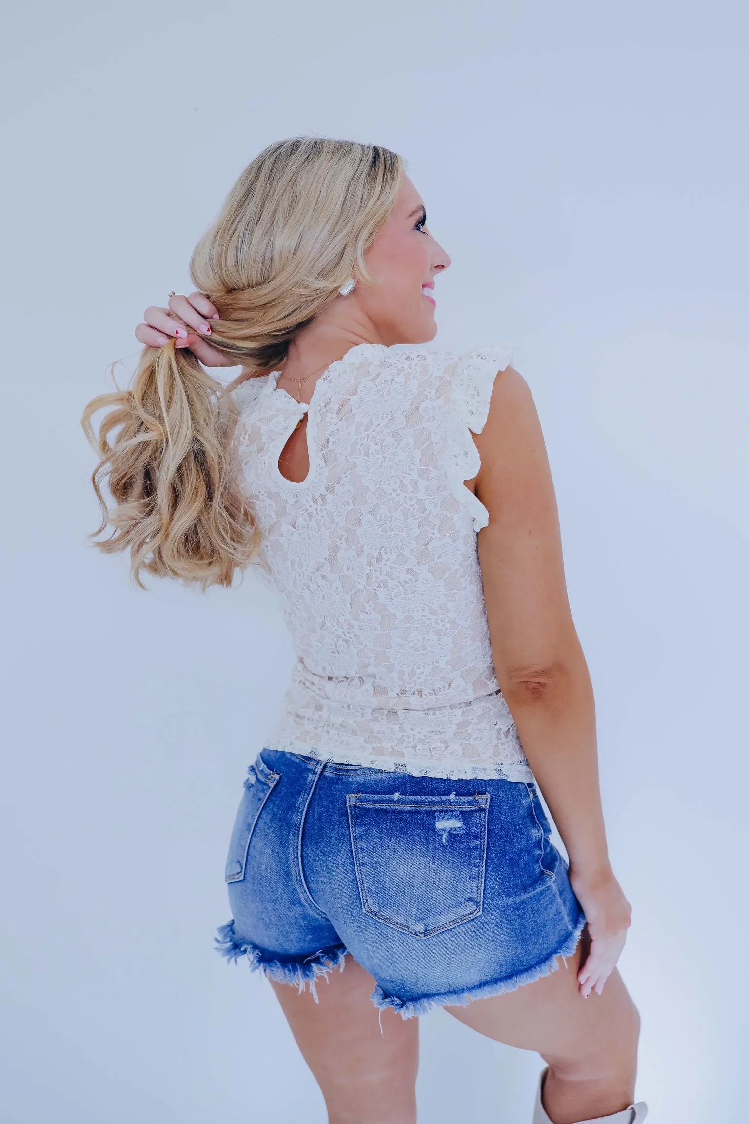 Lacey Ruffle Trim Top - Cream