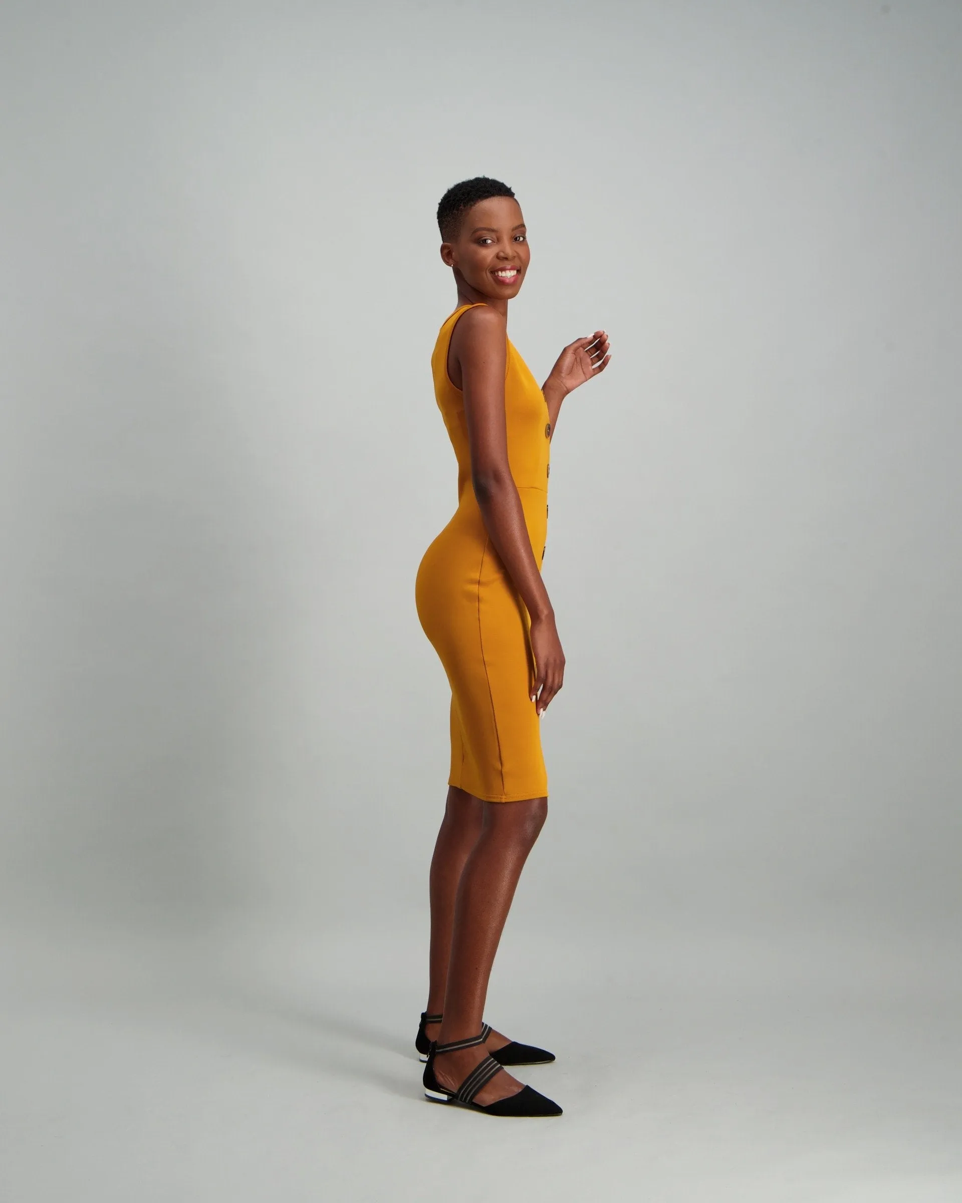 Ladies Mock Wrap Button Detail Bodycon - Mustard