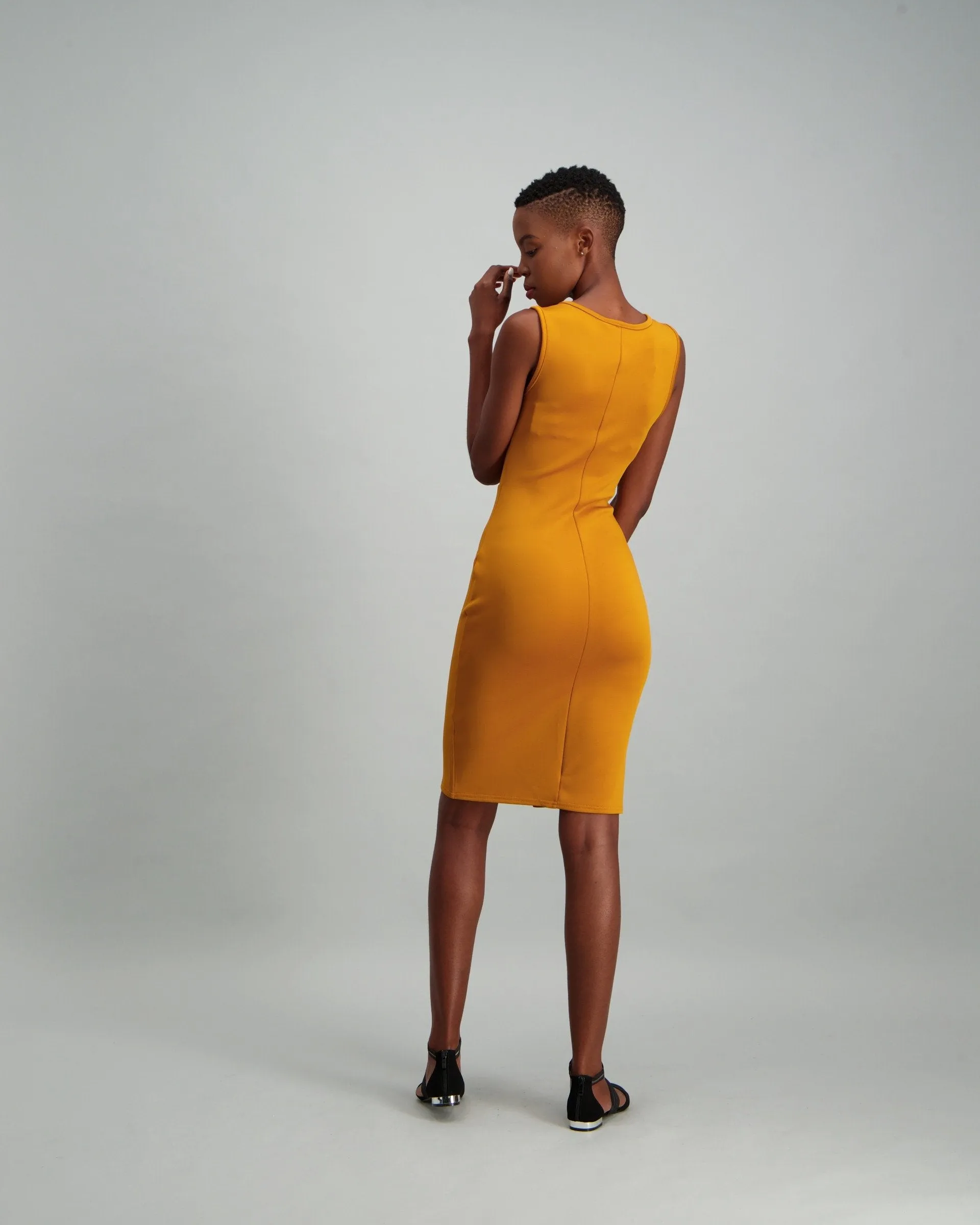 Ladies Mock Wrap Button Detail Bodycon - Mustard