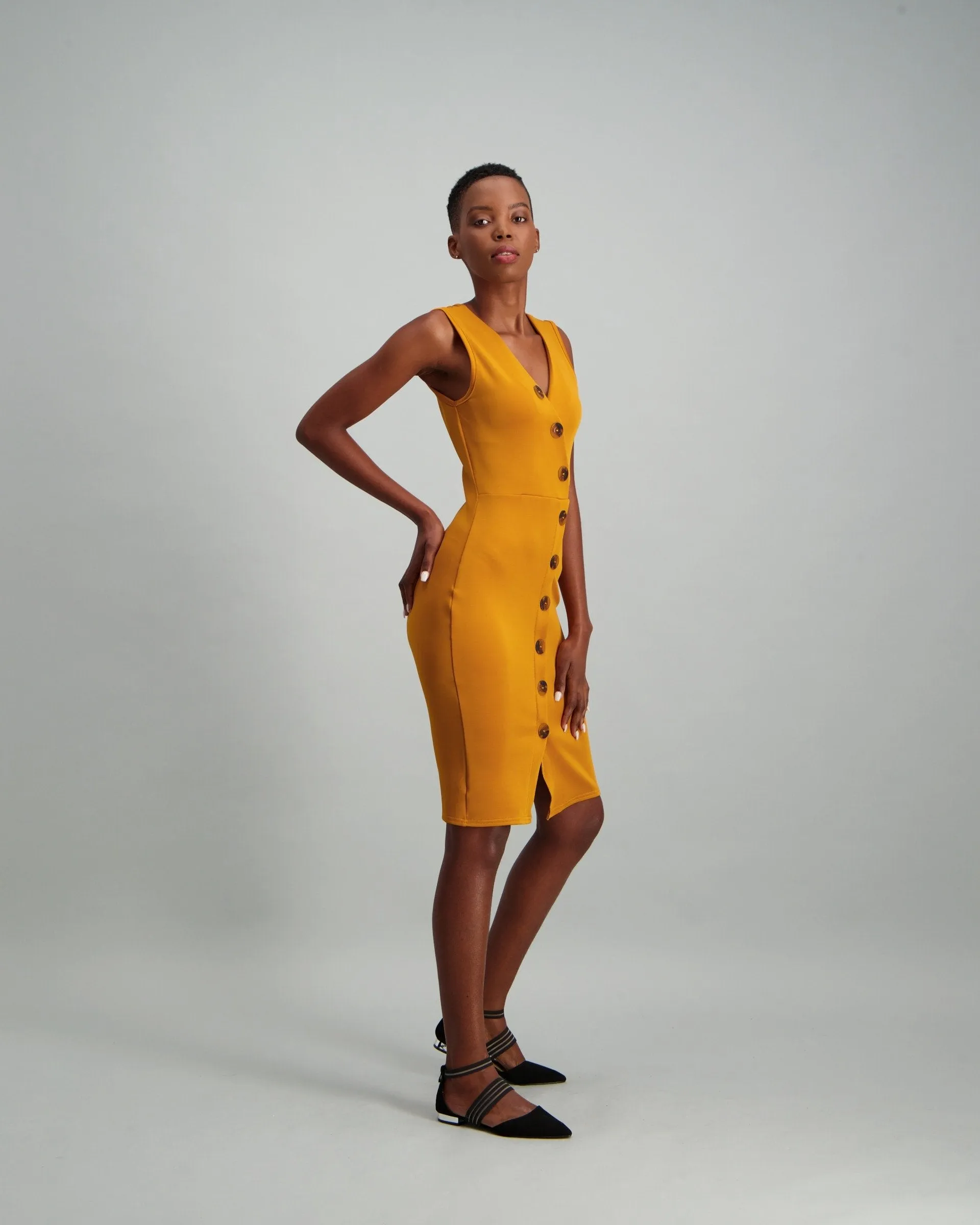 Ladies Mock Wrap Button Detail Bodycon - Mustard