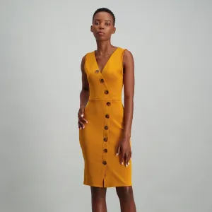 Ladies Mock Wrap Button Detail Bodycon - Mustard