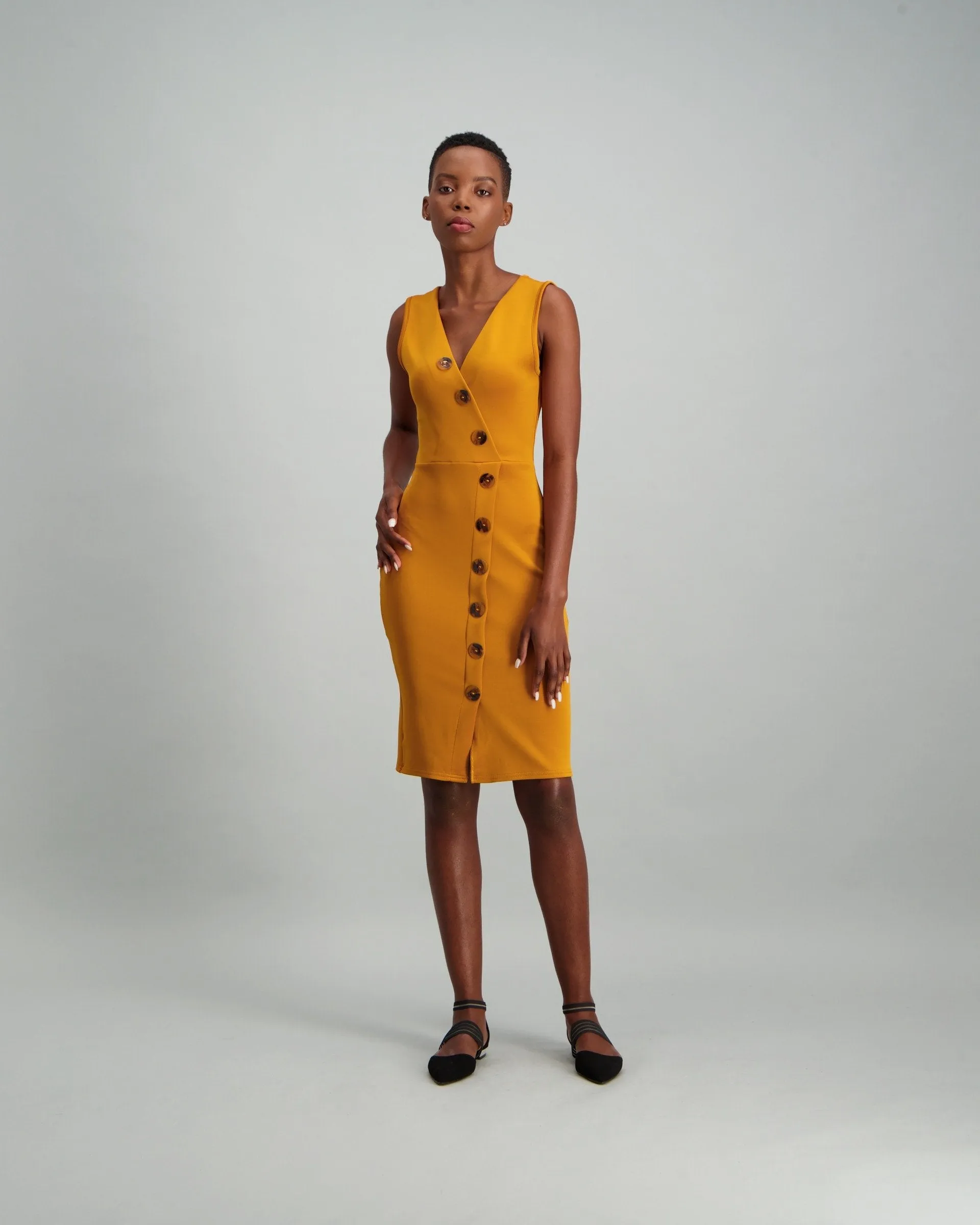 Ladies Mock Wrap Button Detail Bodycon - Mustard