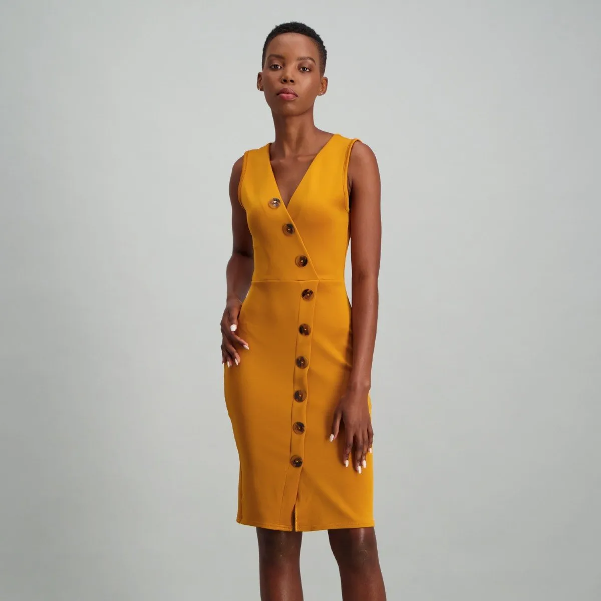 Ladies Mock Wrap Button Detail Bodycon - Mustard