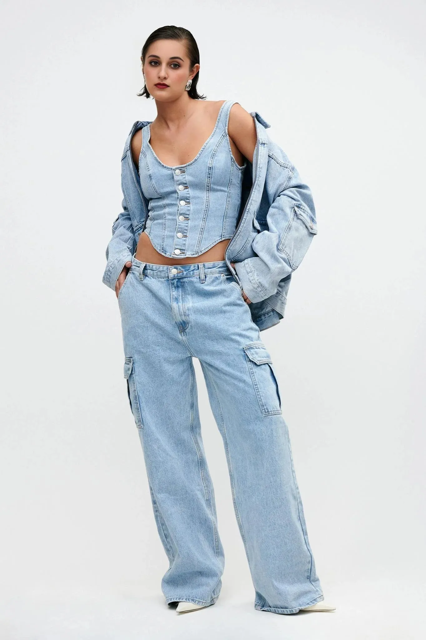 Leilani Corset Denim Top - Mid Blue