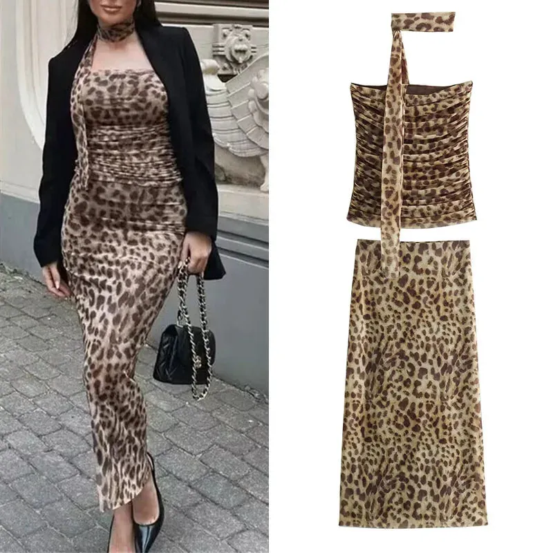 Leopard Print Tulle Crop Top Woman Ruched Off Shoulder Bandeau Top Women Sleeveless Backless Tube Top