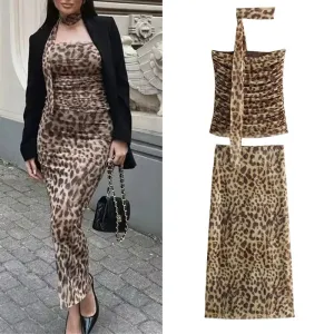 Leopard Print Tulle Crop Top Woman Ruched Off Shoulder Bandeau Top Women Sleeveless Backless Tube Top