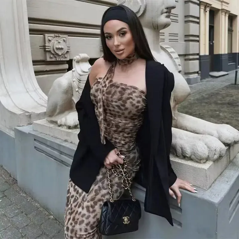 Leopard Print Tulle Crop Top Woman Ruched Off Shoulder Bandeau Top Women Sleeveless Backless Tube Top