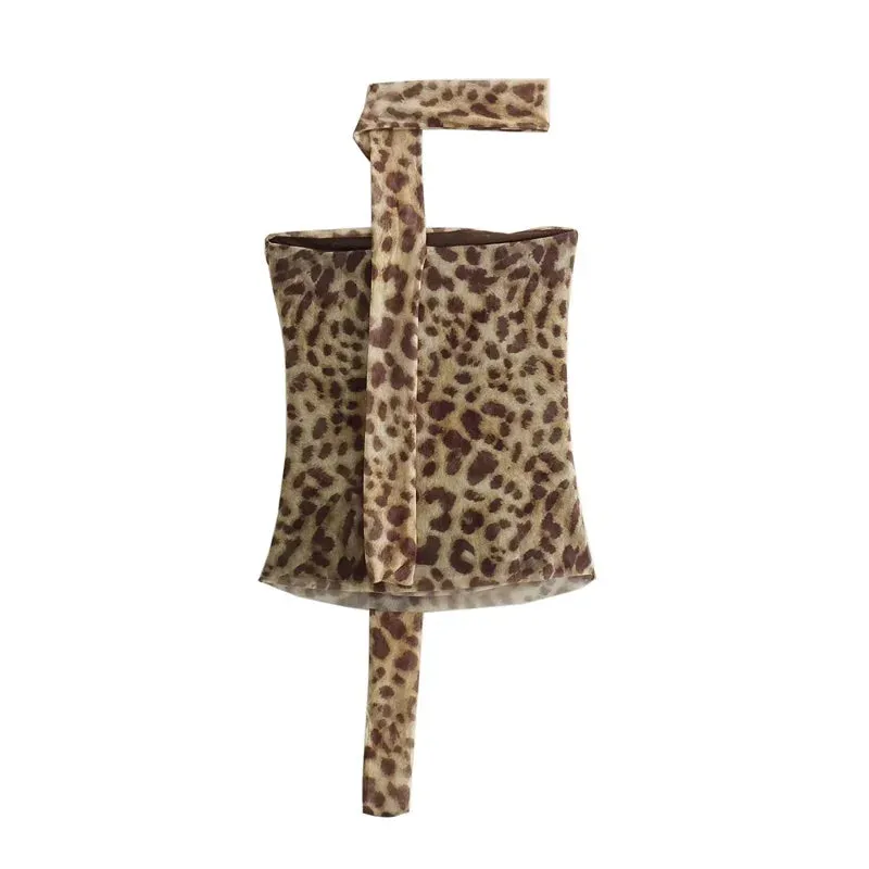Leopard Print Tulle Crop Top Woman Ruched Off Shoulder Bandeau Top Women Sleeveless Backless Tube Top