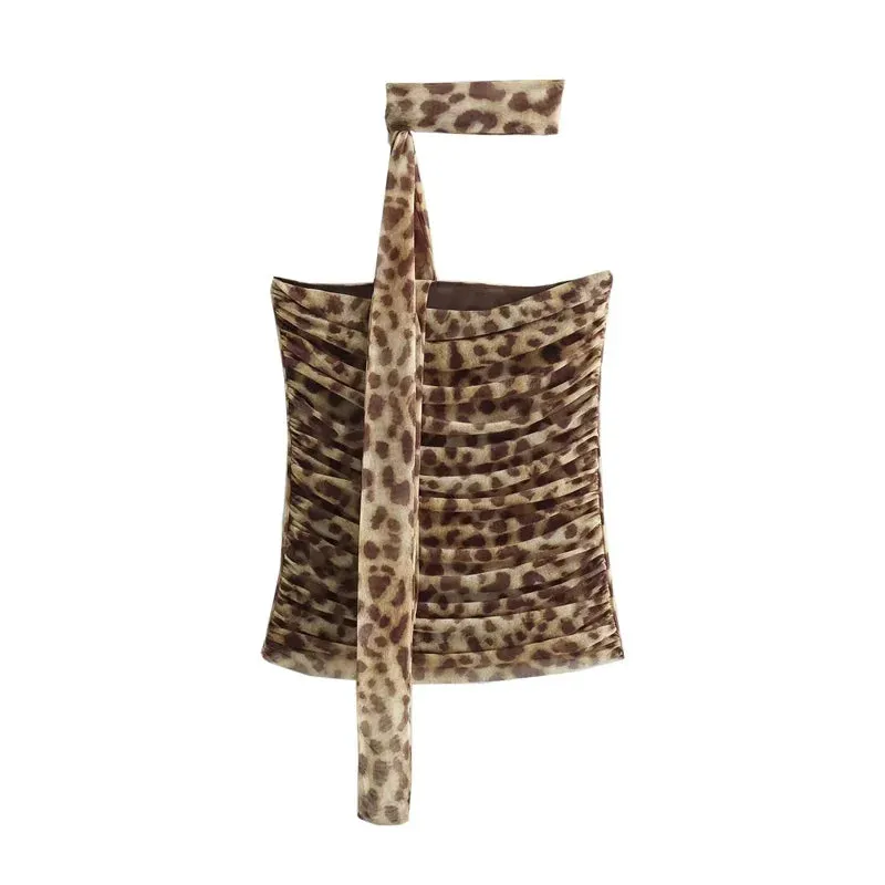 Leopard Print Tulle Crop Top Woman Ruched Off Shoulder Bandeau Top Women Sleeveless Backless Tube Top