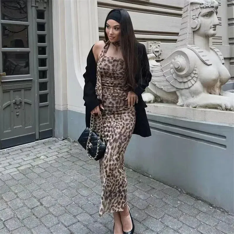 Leopard Print Tulle Crop Top Woman Ruched Off Shoulder Bandeau Top Women Sleeveless Backless Tube Top