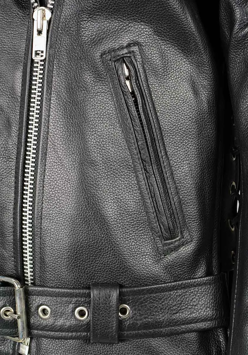 LKL2700 Ladies Classic Black Leather Police Style Jacket with Side Laces