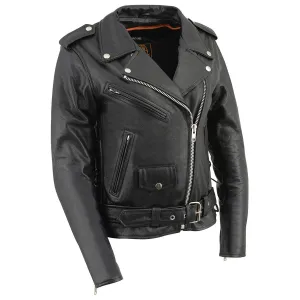 LKL2700 Ladies Classic Black Leather Police Style Jacket with Side Laces