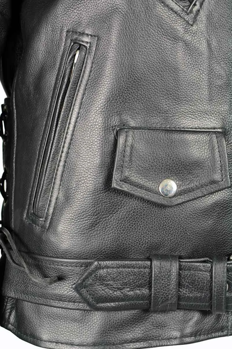 LKL2700 Ladies Classic Black Leather Police Style Jacket with Side Laces