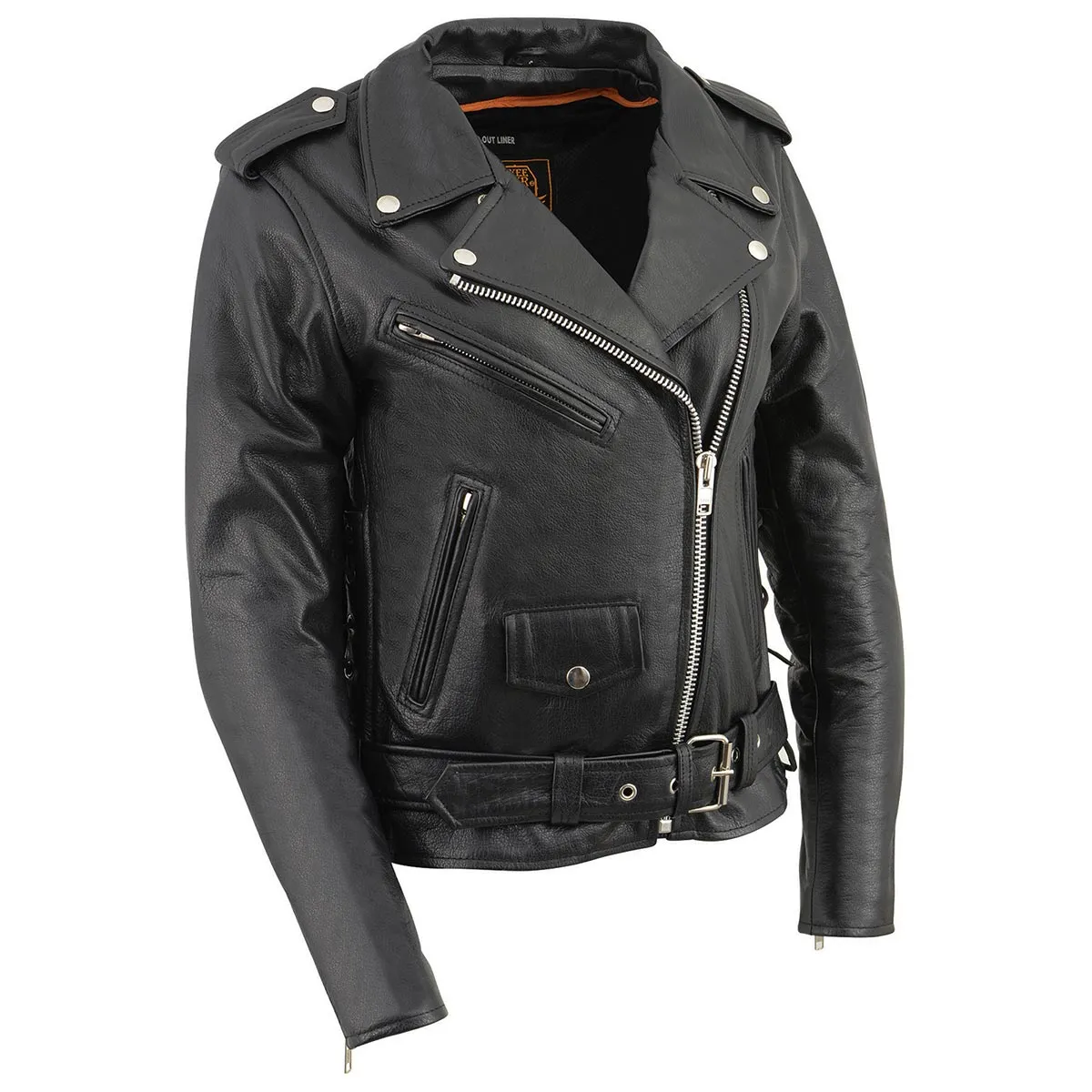 LKL2700 Ladies Classic Black Leather Police Style Jacket with Side Laces