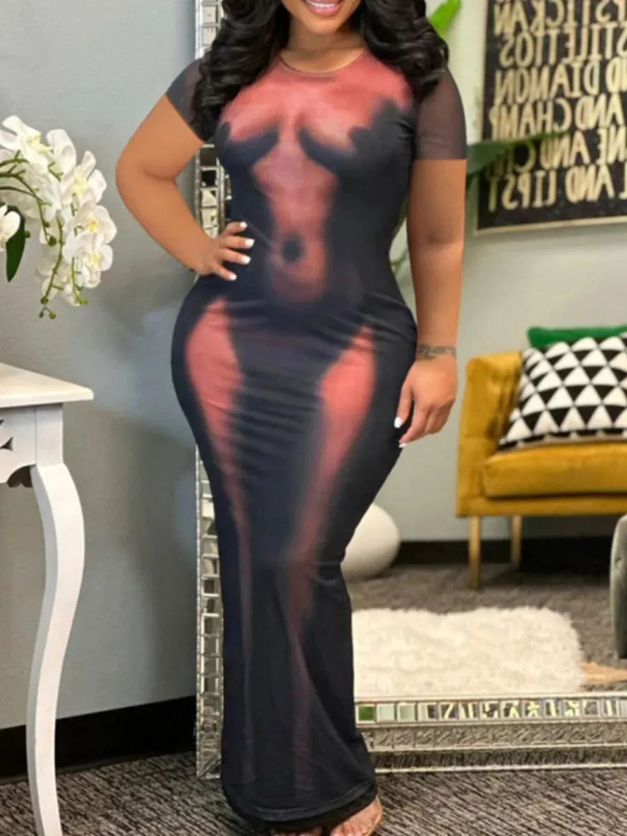 LW Plus Size dresses Body Heat Print Bodycon Dress Women Short Sleeve Skinny Round Neck Slim Pencil Dresses Elegant Bodycon Dres