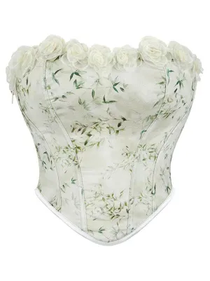 Matcha Floral Printed Strapless Lace Rose Trim Tube Top Bodice Corset
