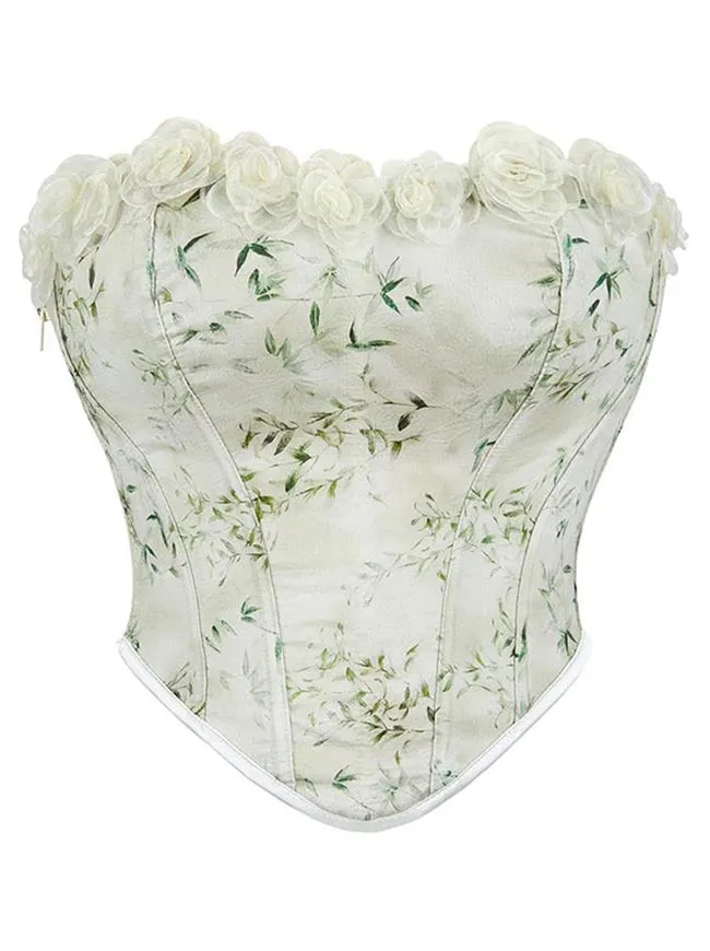 Matcha Floral Printed Strapless Lace Rose Trim Tube Top Bodice Corset