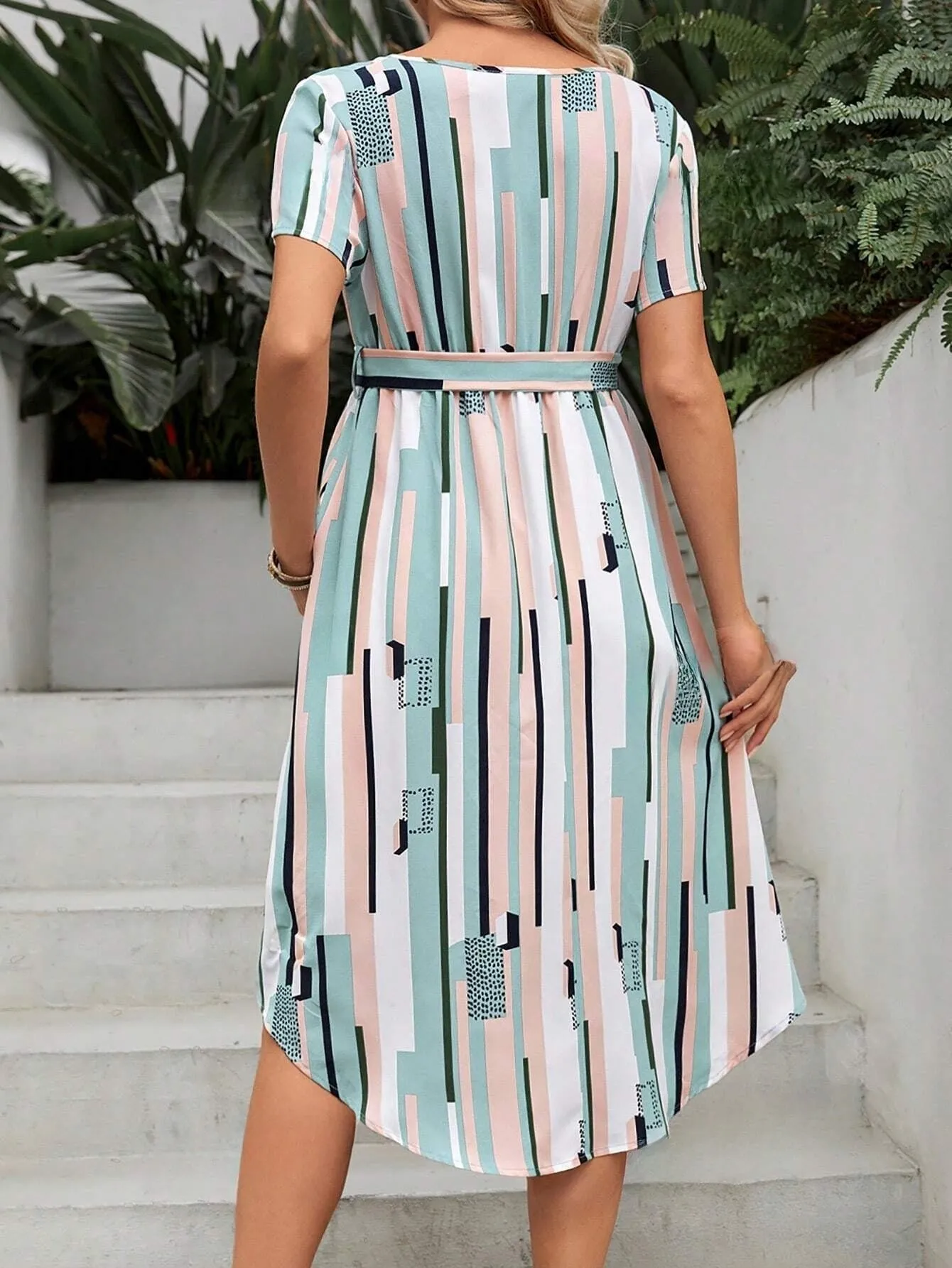 Maternity Striped And Printed Waist Belt Nursing Dress