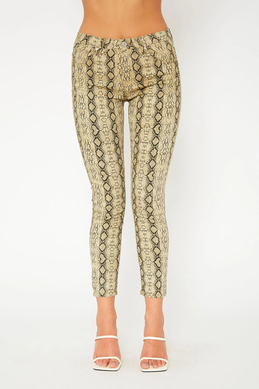 Mid-rise yellow snake print super skinny pants