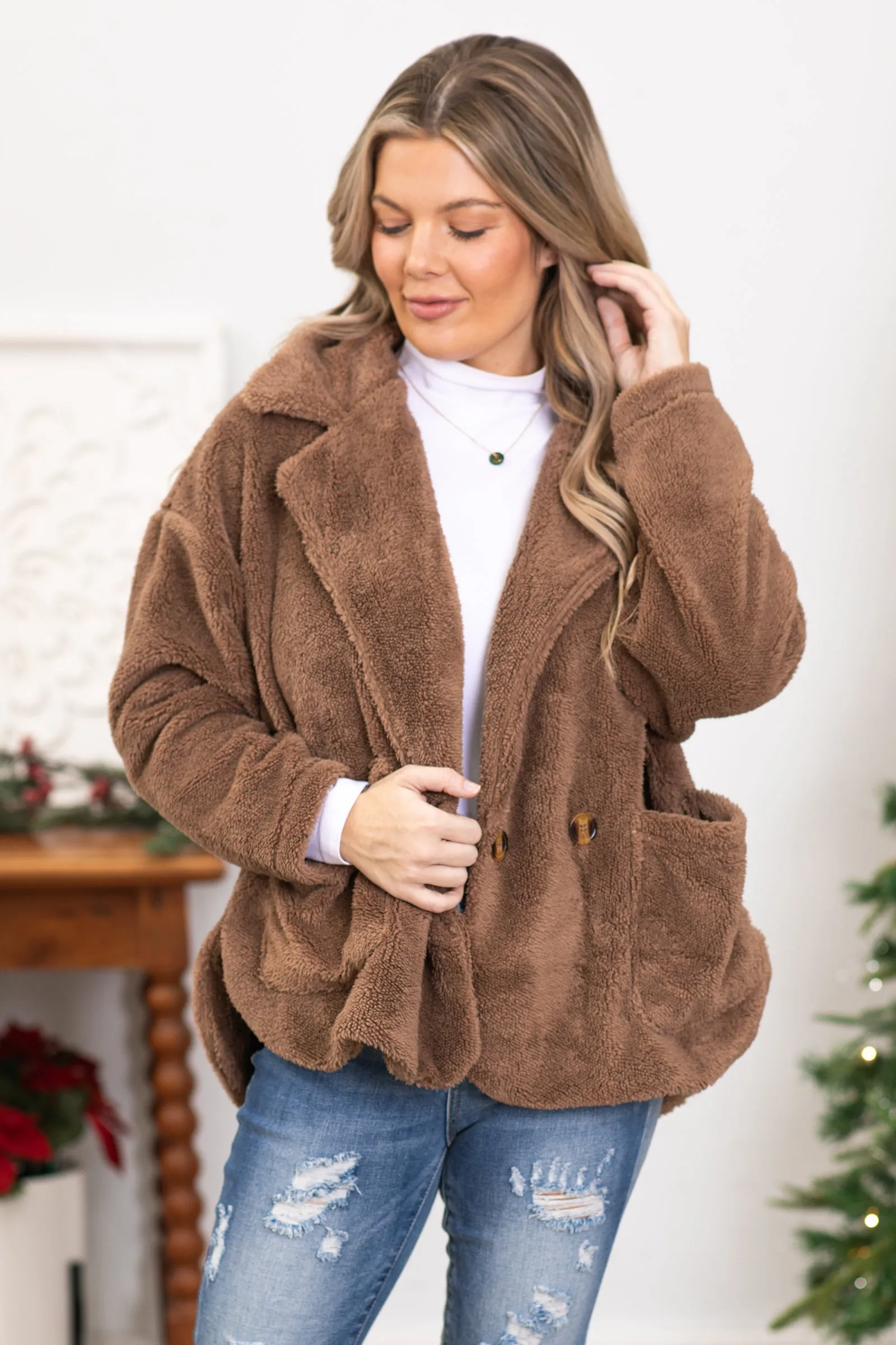 Mocha Faux Fur Jacket With Pockets