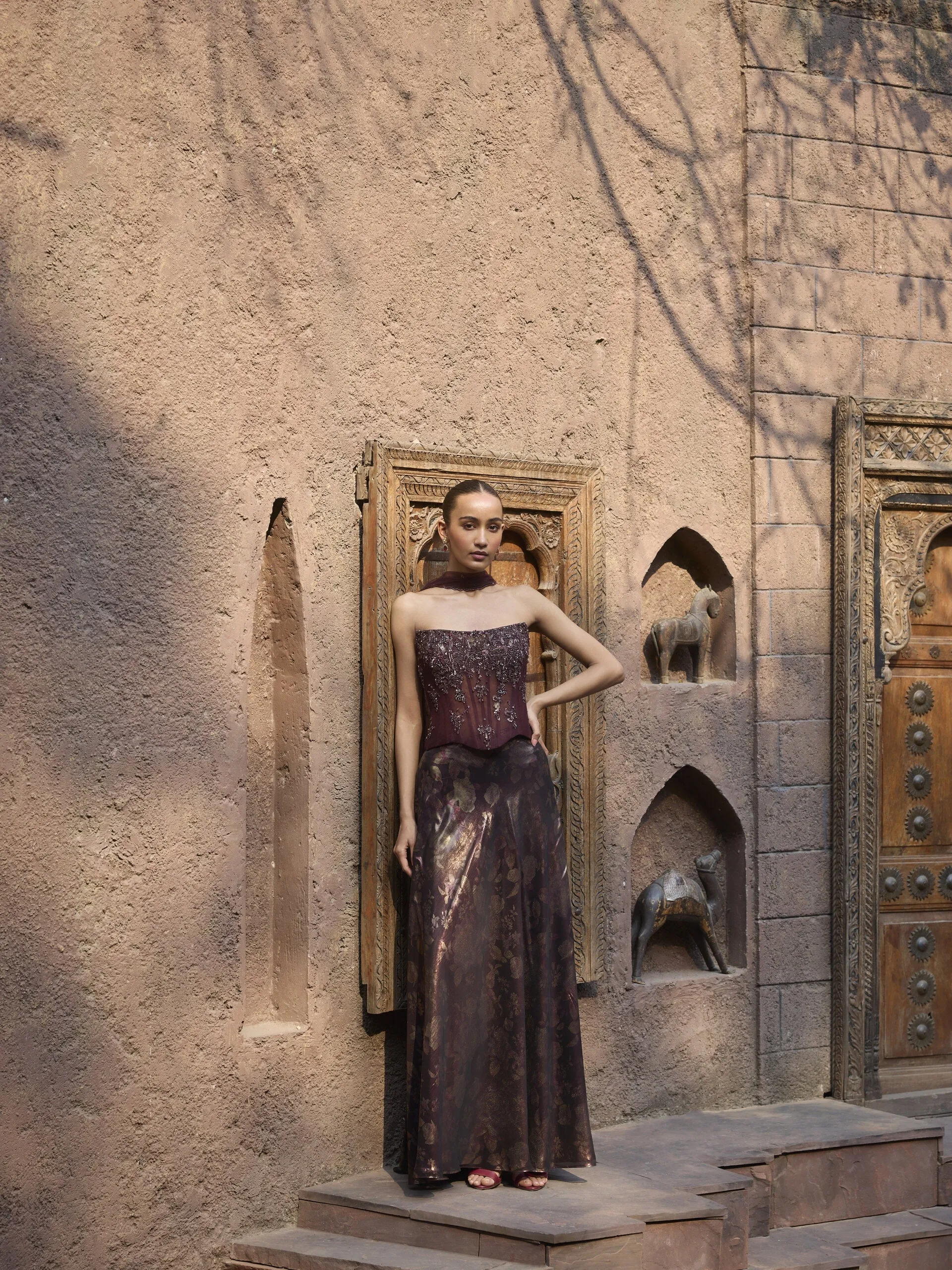 Mocha Mirage Corset & Drape Skirt Set with Dupatta