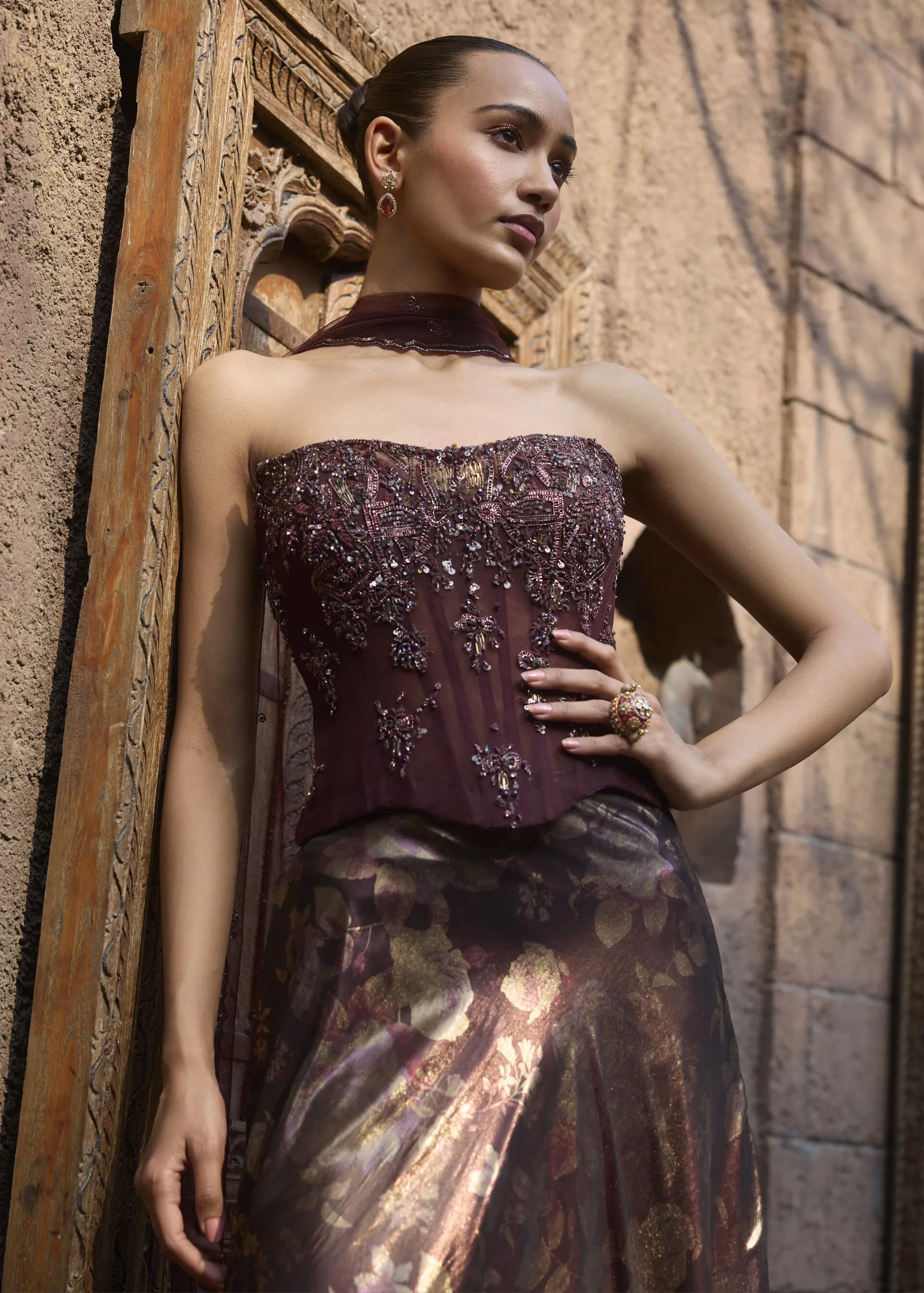 Mocha Mirage Corset & Drape Skirt Set with Dupatta