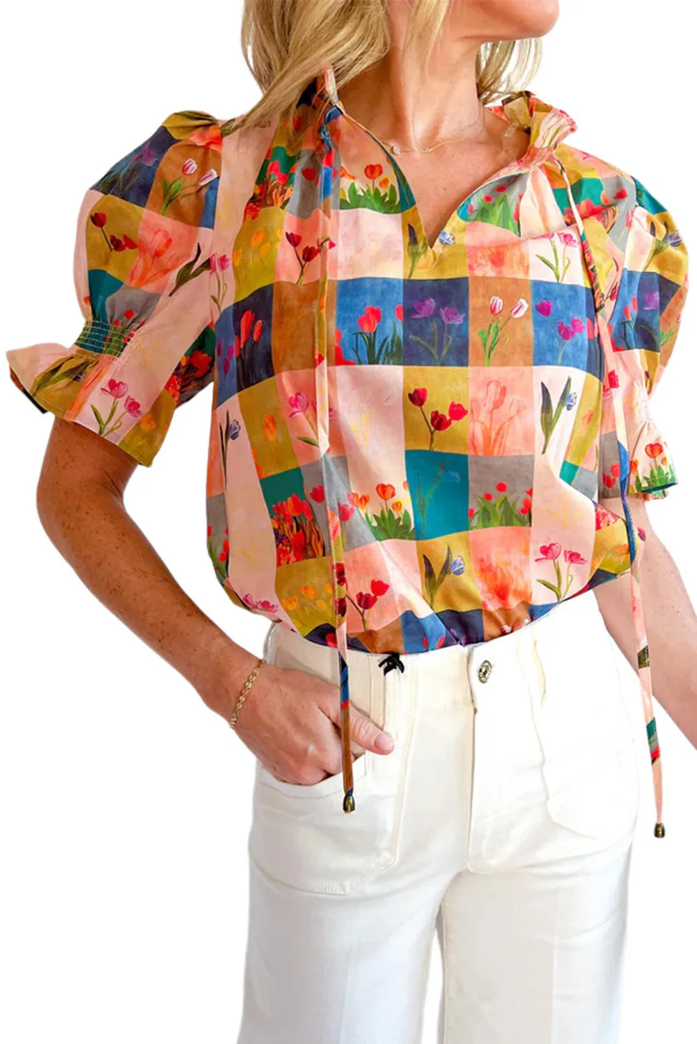 Multicolour Floral Checker Print Ruffled Short Puff Sleeve Blouse