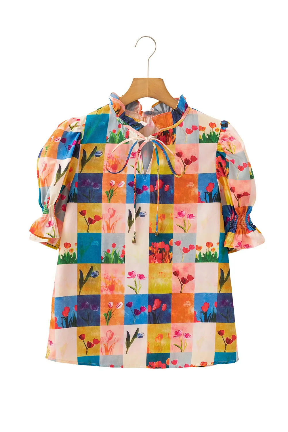 Multicolour Floral Checker Print Ruffled Short Puff Sleeve Blouse