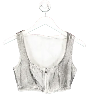 Nasty Gal Grey Distressed Metallic Coated Denim Corset Top UK 8