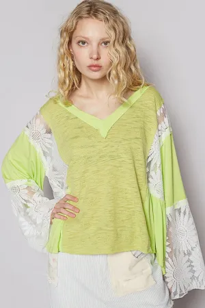 Neon Lime Lace Detail V-Neck Flare Sleeve Blouse