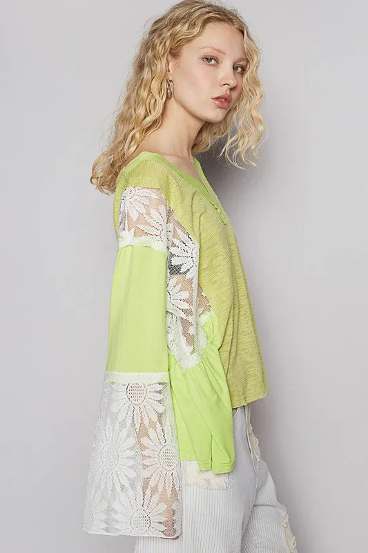 Neon Lime Lace Detail V-Neck Flare Sleeve Blouse