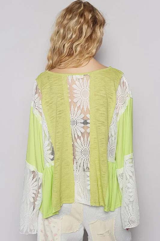 Neon Lime Lace Detail V-Neck Flare Sleeve Blouse