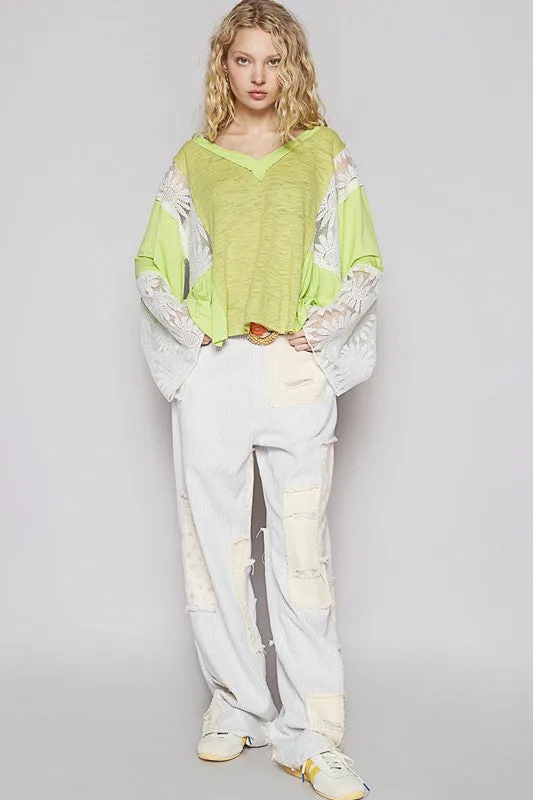 Neon Lime Lace Detail V-Neck Flare Sleeve Blouse