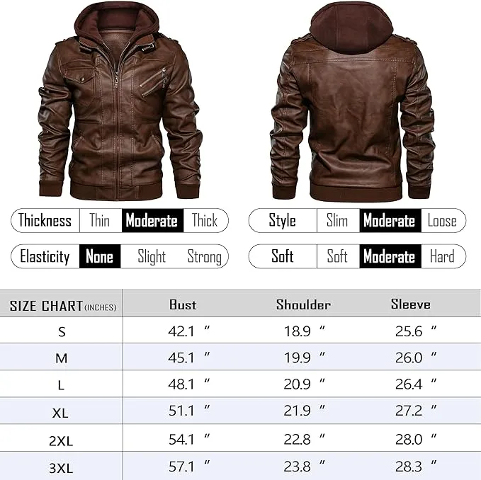 New JYG Men's Faux Leather Jacket Stand Collar Motorcycle Bomber Jackets with Removable Hood Sz M