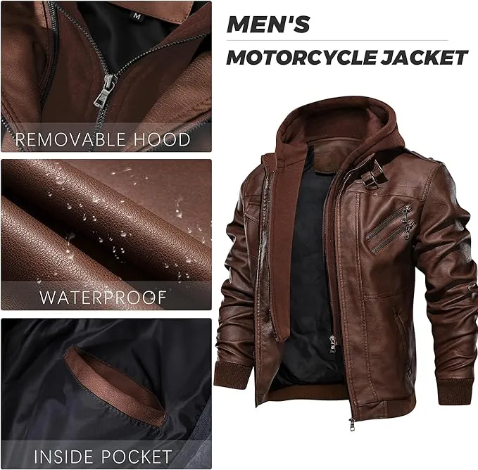 New JYG Men's Faux Leather Jacket Stand Collar Motorcycle Bomber Jackets with Removable Hood Sz M