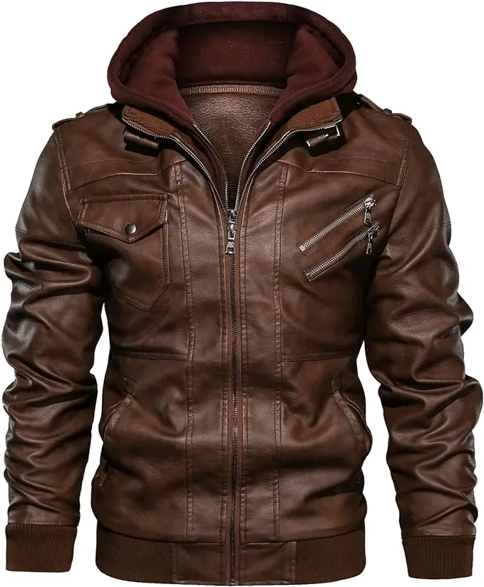 New JYG Men's Faux Leather Jacket Stand Collar Motorcycle Bomber Jackets with Removable Hood Sz M